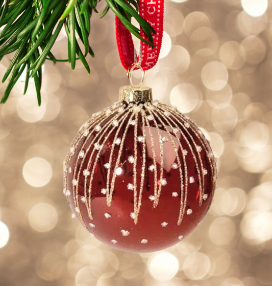 Rød julekugle med glitter i glas Ø8 cm – mørkerød