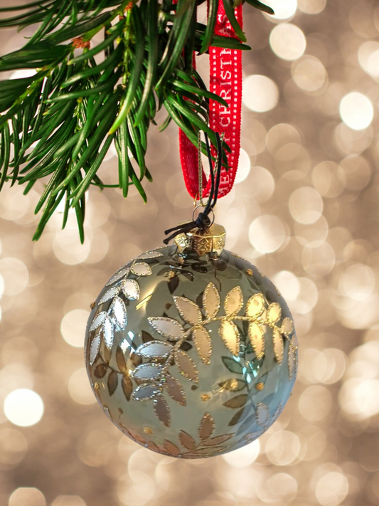 Julekugle med glitter gren i glas Ø8 cm – Mørke grøn.