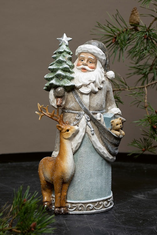 Julemand figur med rensdyr og juletræ med LED lys.