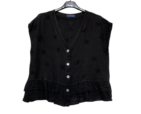 Sort hørbluse med stjernebroderi og knapper.