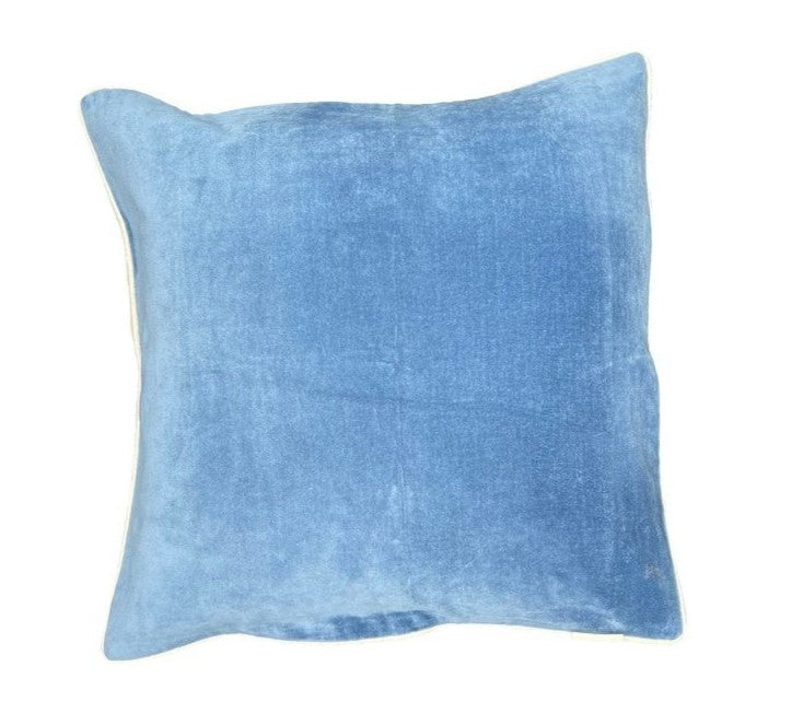 Blå velour pudebetræk med hør.