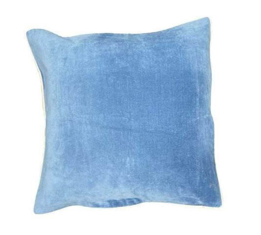 Blå velour pudebetræk med hør.