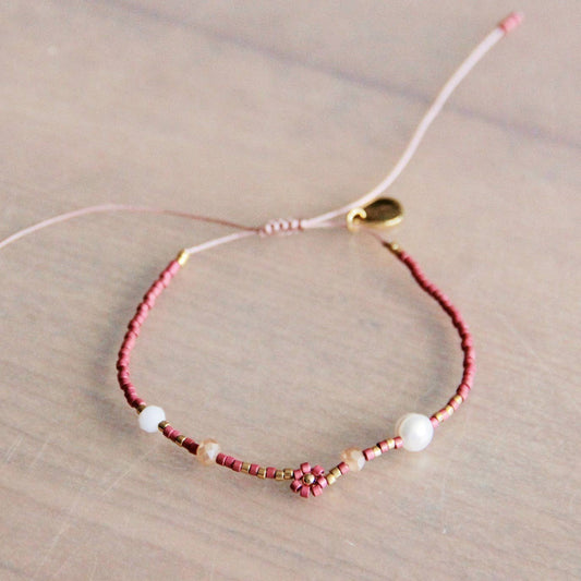 Miyuki armbånd med tusindfryd, facet og perle -pink/guld