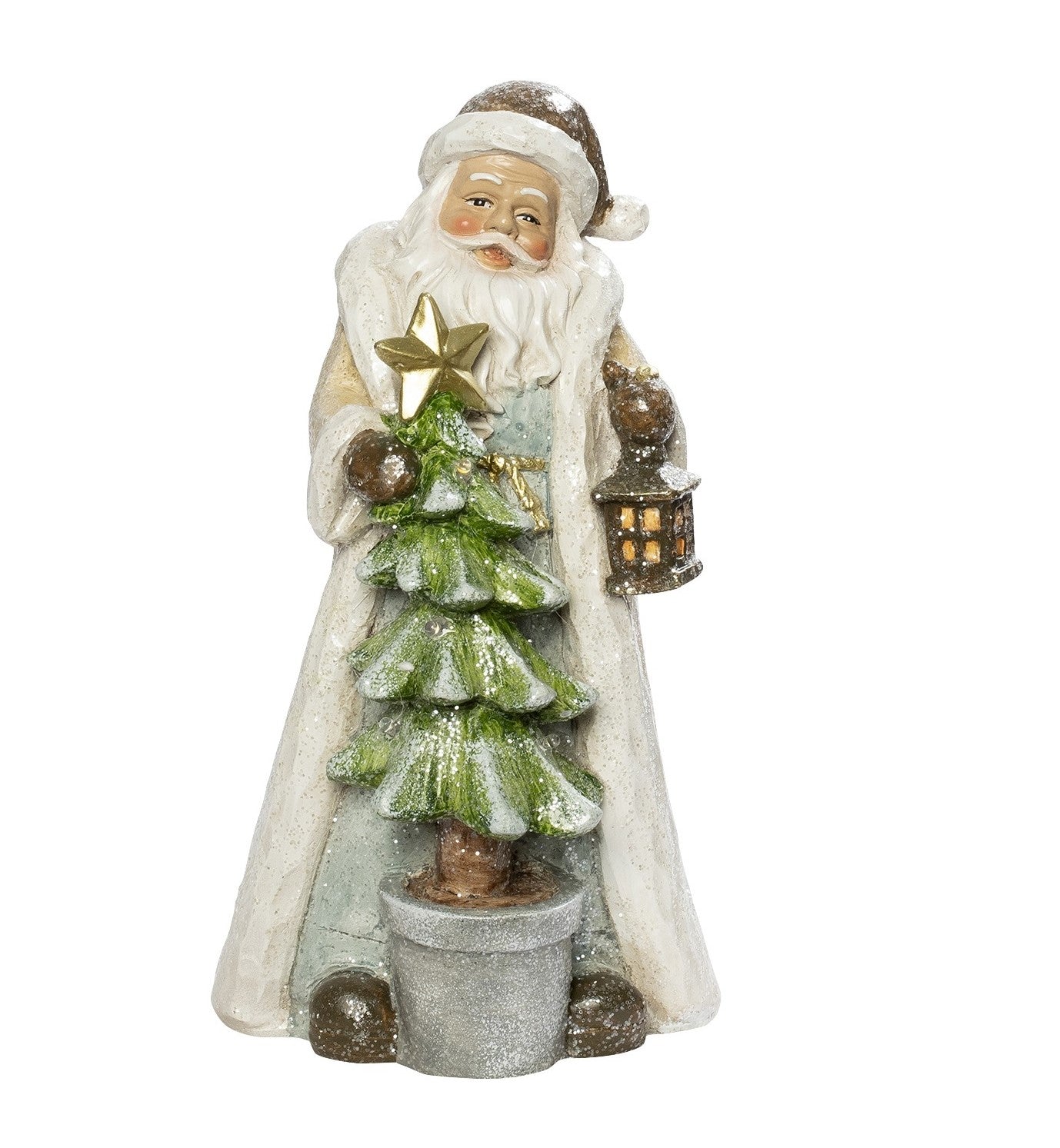Julemand figur i cremet frakke med juletræ – julepynt