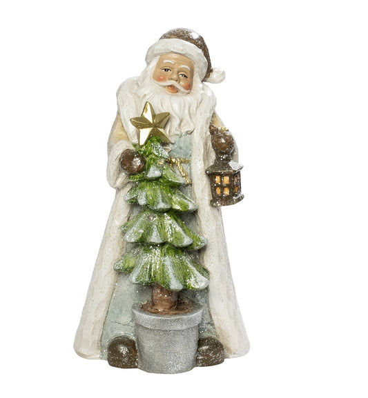 Julemand figur i cremet frakke med juletræ med LED lys.