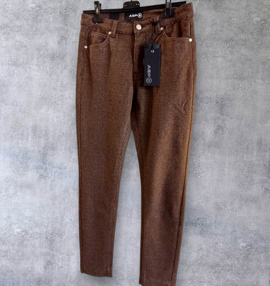 Brun tweed look APS bukser med bæltestropper.