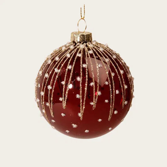 Rød julekugle med glitter i glas Ø8 cm – mørkerød