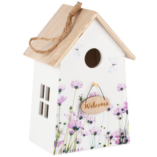 Træ fuglehus med blomster.