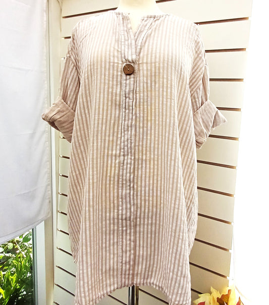 Bomuld bluse / tunika med beige striber.