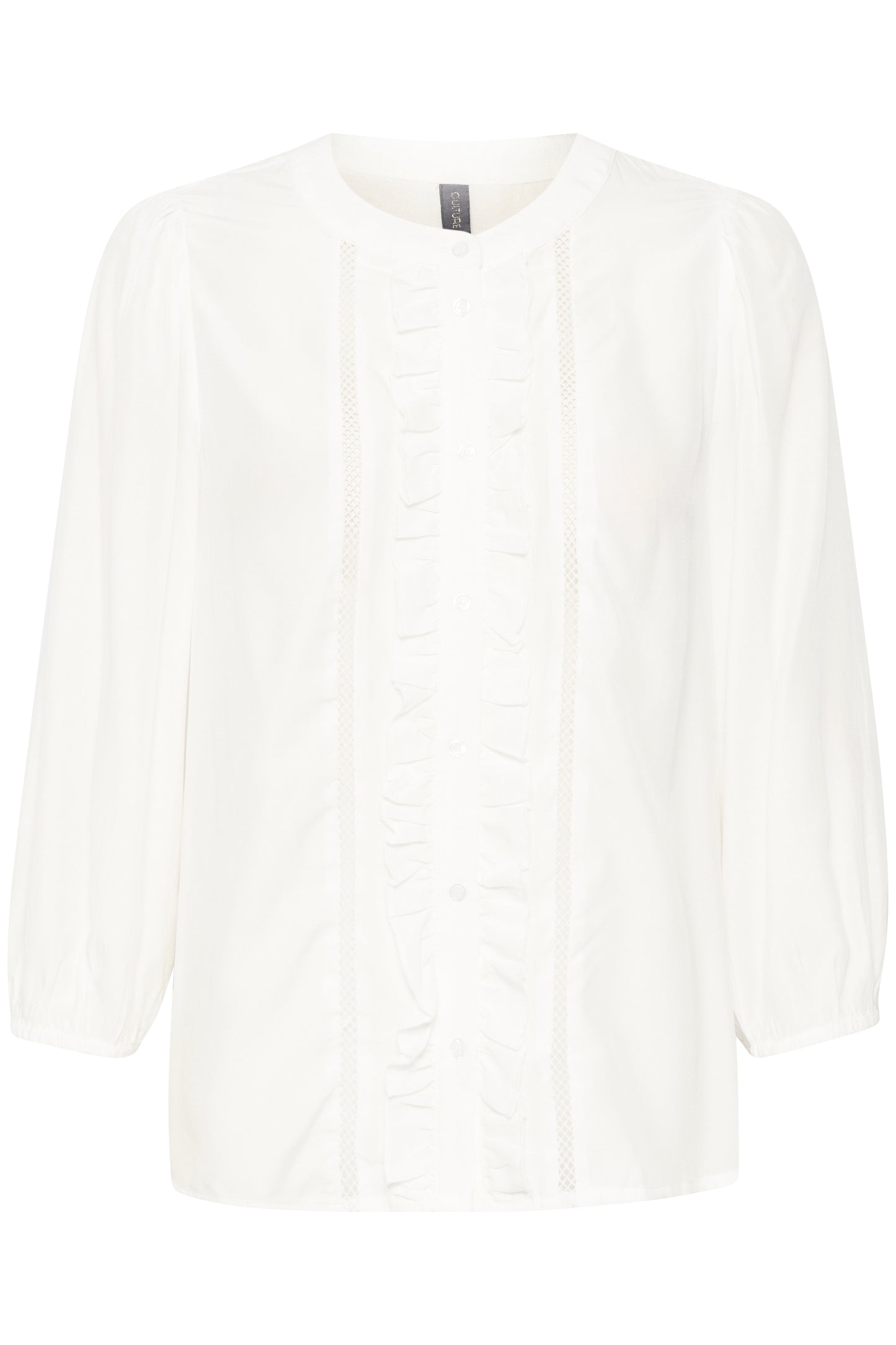 Hvid skjorte bluse med flæser.