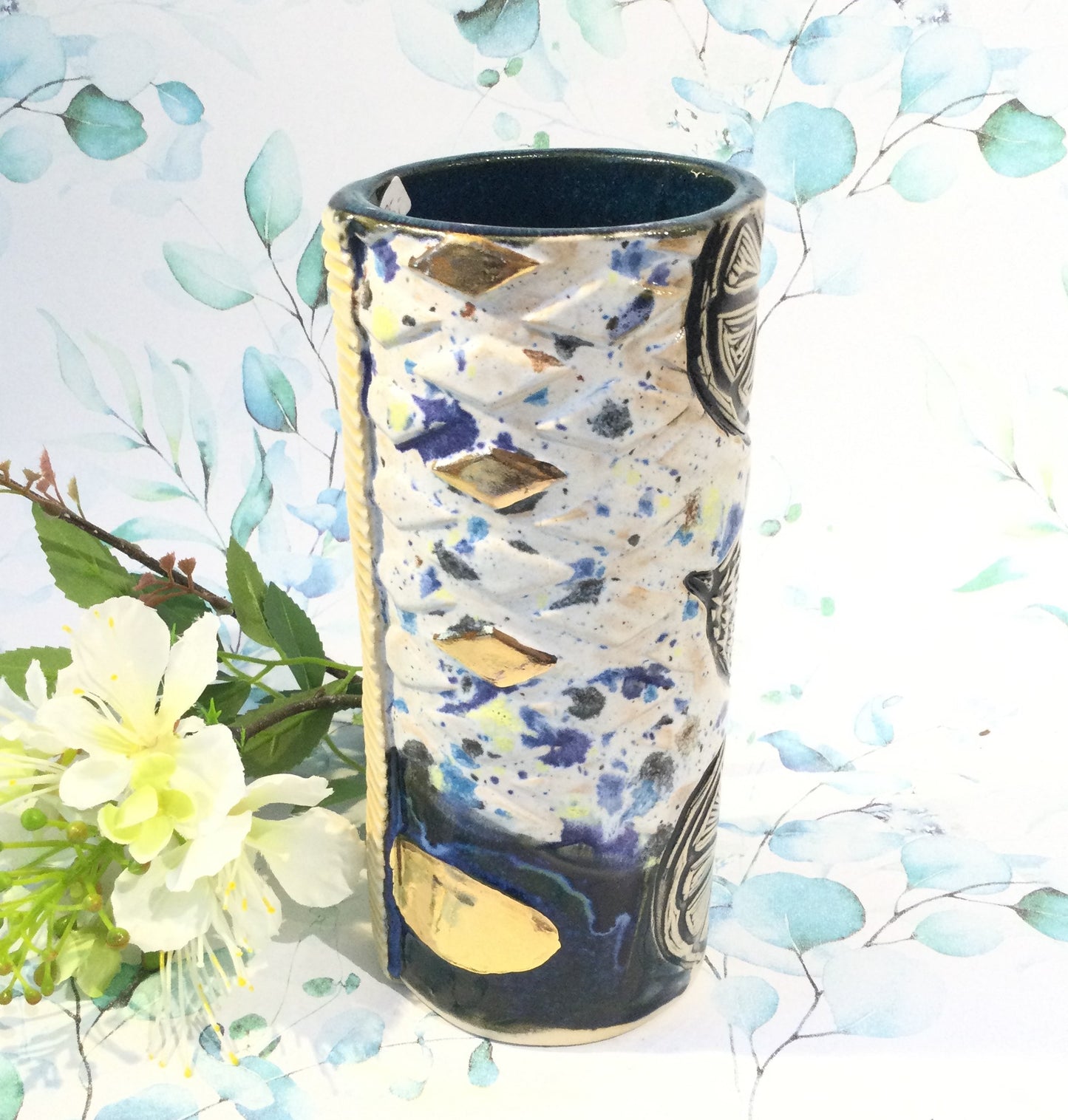 Blå citron Cylinder keramik vase.
