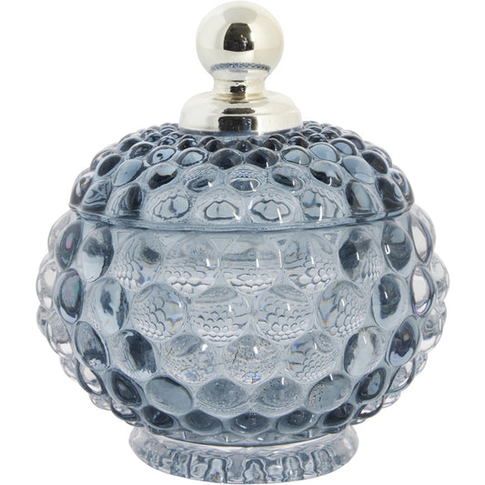 Elegant mørkeblå glas bonbon med låg og gylden top.