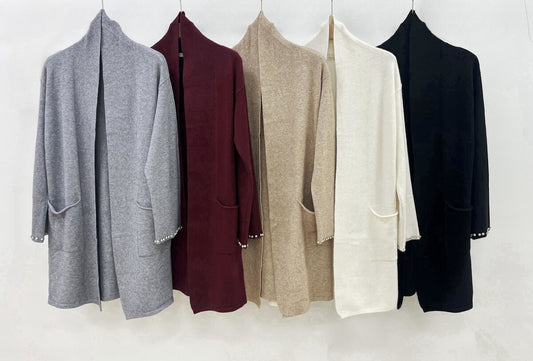 Dame Cardigan One Size – Strik med Lommer og Perler