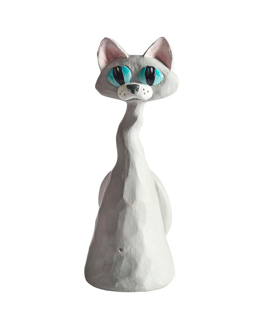 Katte figur i grå med turkis øjne.