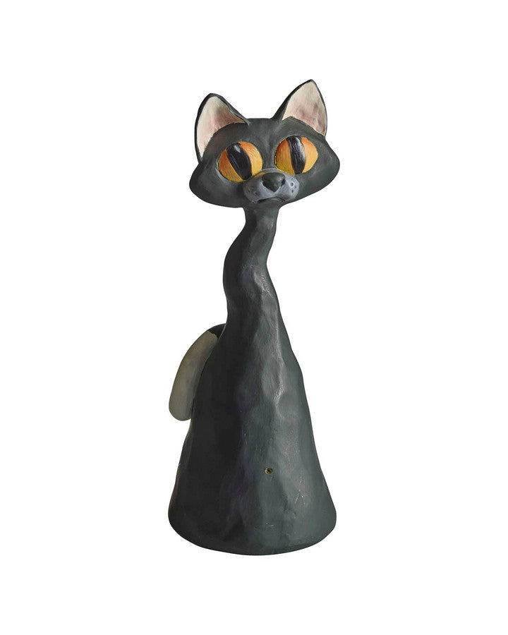 Stor katte figur i sort med gule øjne.
