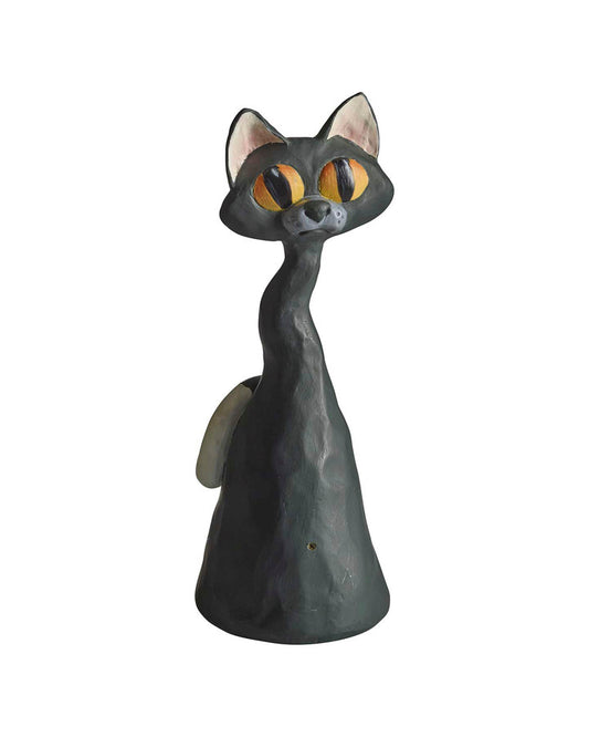 Stor katte figur i sort med gule øjne.